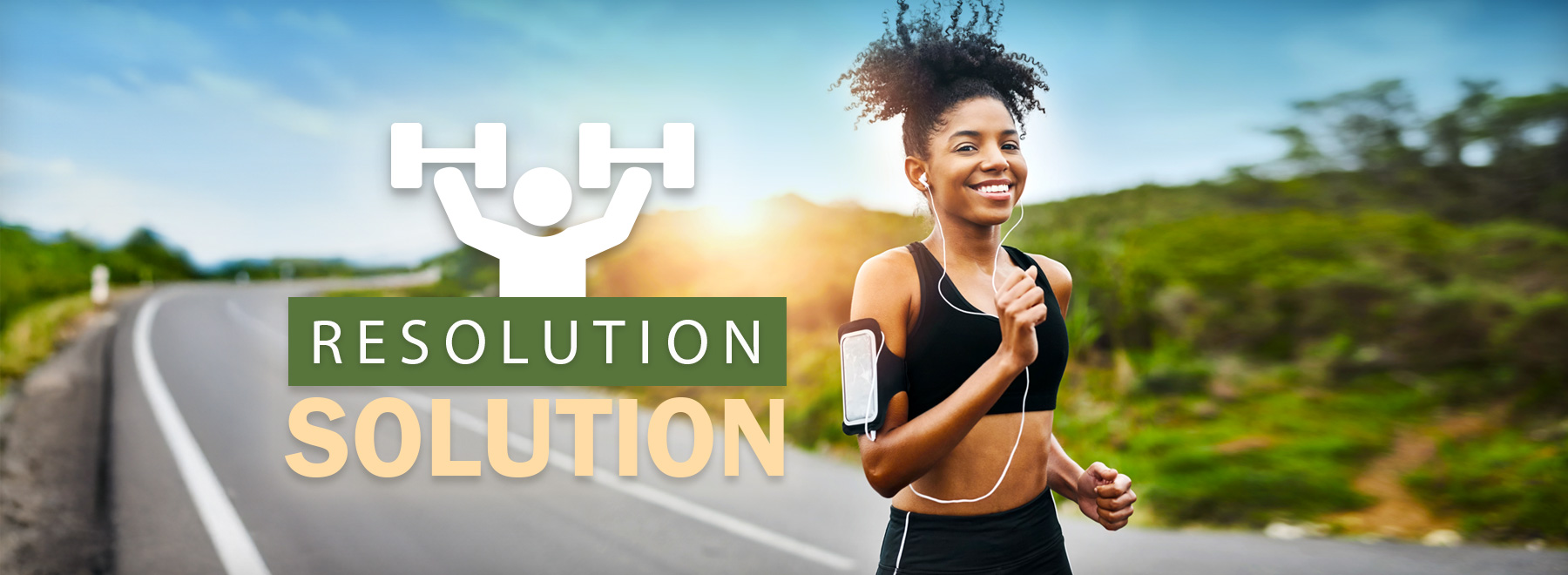 A woman jogging on a road, accompanied by the text "resolution solution" in a motivational context.